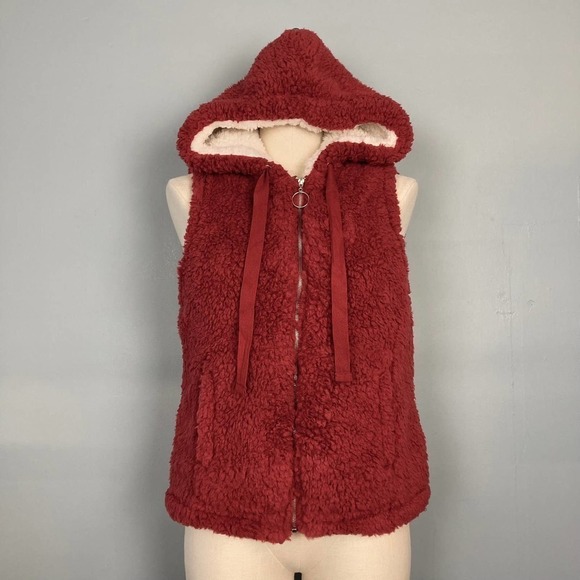 LOVE Tree Rust Teddy Bear Sherpa Full Zip Hooded Vest with Pockets Size S - Picture 1 of 12